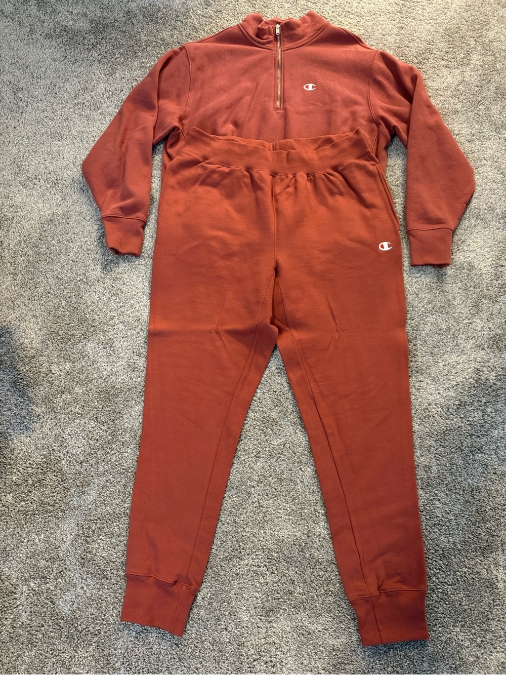 Champion Women's Rust Orange Track Joggers Set-Swearpants and 1/4 Zip Sweatshirt